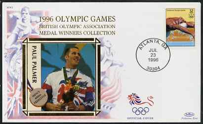 United States 1996 Atlanta Olympics 32c Swimming on illustrated Benham silk cover (British Olympic Association showing Paul Palmer) with special Atlanta cancel, stamps on sport, stamps on olympics, stamps on swimming