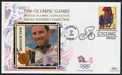 United States 1996 Atlanta Olympics 32c Show Jumping on illustrated Benham silk cover (British Olympic Association showing Max Sciandri) with special Cycling cancel, SG 3202, stamps on sport, stamps on olympics, stamps on bicycles, stamps on horse, stamps on show jumping