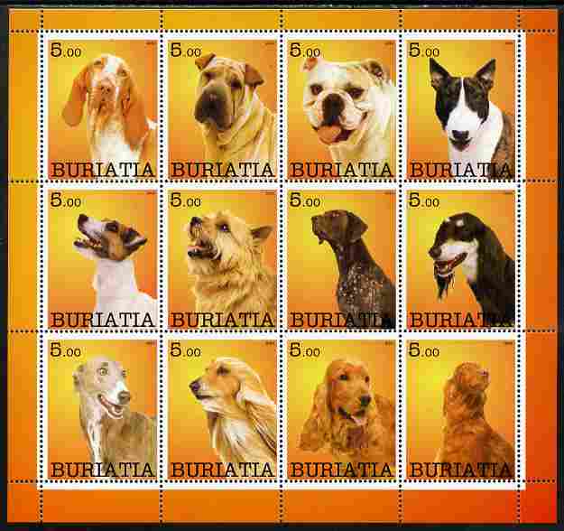 Buriatia Republic 2001 Dogs #2 (various breeds) perf sheetlet containing complete set of 12 values, unmounted mint, stamps on dogs