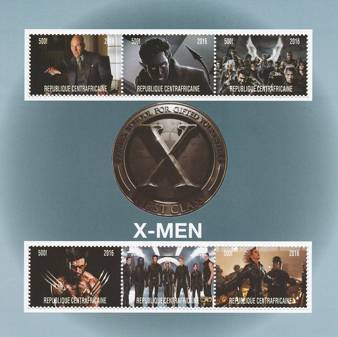 Central African Republic 2016 X-Men #1 perf sheetlet containing 6 values unmounted mint. Note this item is privately produced and is offered purely on its thematic appeal, stamps on films, stamps on movies, stamps on cinema, stamps on sci-fi