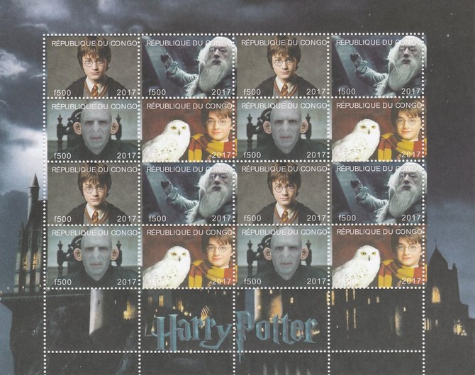 Congo 2017 Harry Potter #1 perf sheetlet containing 16 values (4 setenant blocks of 4) unmounted mint. Note this item is privately produced and is offered purely on its thematic appeal , stamps on films, stamps on cinema, stamps on movies, stamps on sci-fi, stamps on harry potter