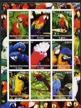 Congo 2002 Parrots imperf sheetlet containing 9 values unmounted mint, stamps on birds, stamps on parrots