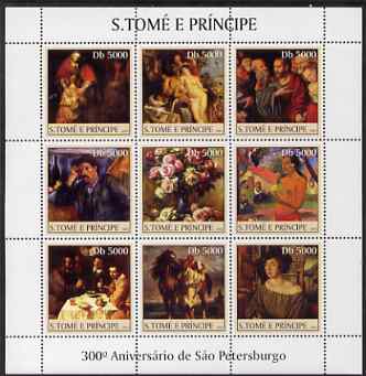 St Thomas & Prince Islands 2003 300th Anniversary of St Petersburg perf sheetlet containing 9 values (Paintings #1) unmounted mint Mi 2458-66, stamps on arts