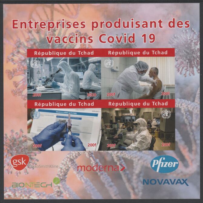 Chad 2020 Companies producing Covid 19 Vaccines imperf sheet containing 4 values unmounted mint. Note this item is privately produced and is offered purely on its thematic appeal, stamps on , stamps on  stamps on medical, stamps on  stamps on disasters, stamps on  stamps on diseases