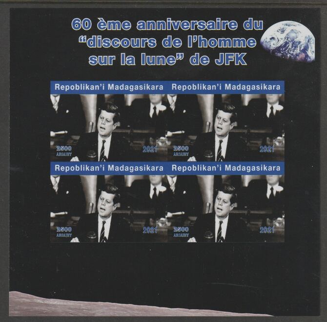 Madagascar 2021 60th Anniversary of JFK's Man on the Moon speech, #3 imperf sheetlet containing 4 values unmounted mint. Note this item is privately produced and is offered purely on its thematic appeal, stamps on space, stamps on kennedy, stamps on apollo, stamps on man on moon