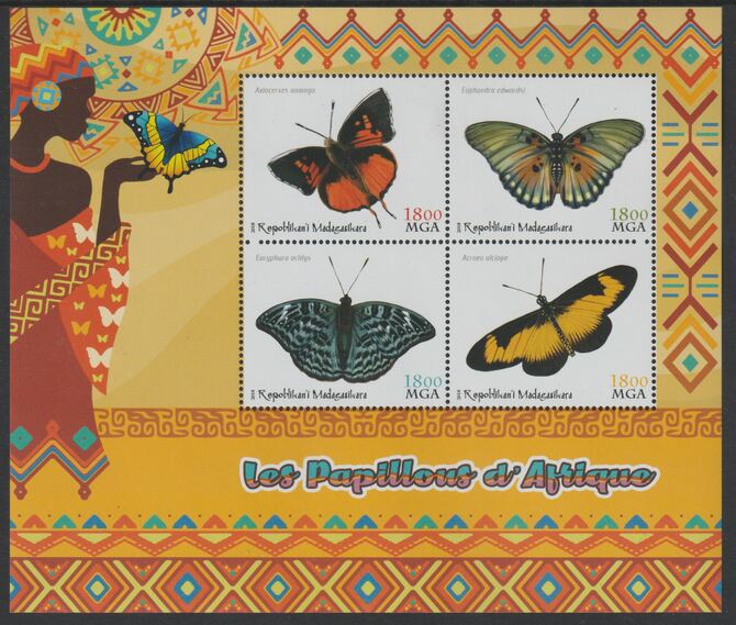 Madagascar 2018 Butterflies of Africa perf sheet containing four values unmounted mint, stamps on butterflies, stamps on insects