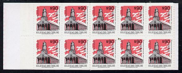 Chile 1995 900p booklet containing pane of 10 x 90p Quehui Church discount stamps (SG 1516), stamps on churches