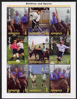 Mongolia 2002 Children & Sport perf sheetlet containing 9 values unmounted mint, SG MS 2994, stamps on sport, stamps on children, stamps on golf, stamps on football, stamps on ice hockey, stamps on horses, stamps on 