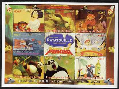 Benin 2008 Beijing Olympics - Disneys Ratatouille & Kung Fu Panda perf sheetlet containing 8 values plus label unmounted mint. Note this item is privately produced and is..., stamps on olympics, stamps on disney, stamps on martial arts, stamps on pandas, stamps on bears, stamps on turtles