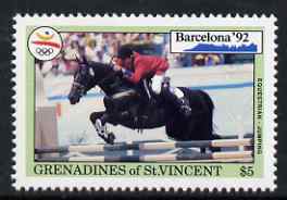St Vincent - Grenadines 1992 Showjumping $5 (from barcelona Olympics set) unmounted mint, SG 877, stamps on olympics, stamps on horses