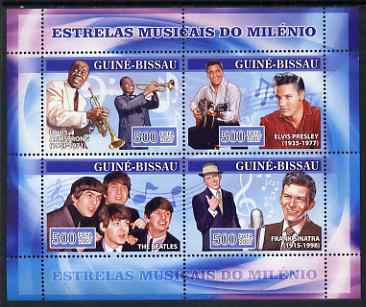 Guinea - Bissau 2007 Music Stars perf sheetlet containing 4 values (L Armstrong, Elvis, Beatles & Sinatra) unmounted mint, Yv 2318-21, stamps on personalities, stamps on music, stamps on pops, stamps on jazz, stamps on elvis, stamps on beatles, stamps on sinatra