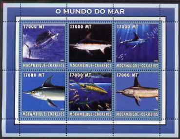 Mozambique 2002 Sword Fish perf sheetlet containing 6 values unmounted mint Yv 2150-55, stamps on marine life, stamps on fish