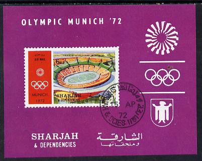 Sharjah 1972 Olympic Games (Stadium) imperf m/sheet cto used (Mi BL 149), stamps on olympics   sport     civil engineering    stadium