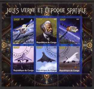 Congo 2007 Jules Verne & the Space Age (Concorde) perf sheetlet containing 6 values fine cto used, stamps on personalities, stamps on literature, stamps on sci-fi, stamps on aviation, stamps on concorde