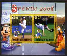 Benin 2007 Beijing Olympic Games #09 - Baseball (3) perf s/sheet containing 2 values (Disney characters in background) unmounted mint, stamps on sport, stamps on olympics, stamps on disney, stamps on baseball