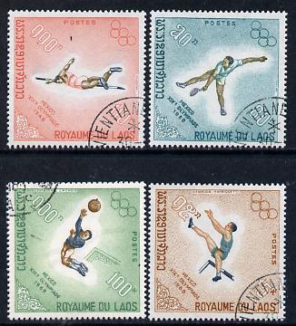 Laos 1968 Mexico Olympics perf set of 4 cto used (Hurdling, Tennis, Football, High-Jump) SG 252-55, stamps on olympics, stamps on sport, stamps on tennis, stamps on hurdling, stamps on football, stamps on high jump