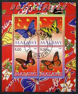 Malawi 2008 Butterflies perf sheetlet containing 4 values, each with Scout logo fine cto used, stamps on butterflies, stamps on scouts