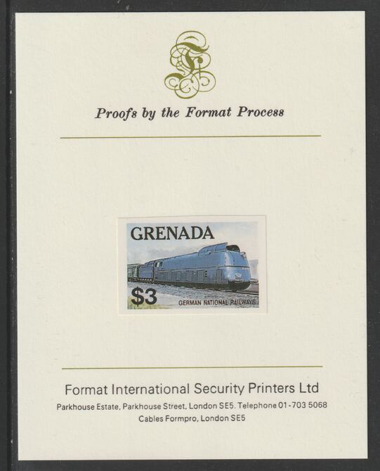 Grenada 1982 Famous Trains $3 German National Railways Clas 05 Loco imperf proof mounted on Format International proof card as SG 1217, stamps on railways