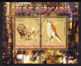 Benin 2008 African Fauna #2 perf sheetlet containing 2 values each with Scout Logo, unmounted mint, stamps on animals, stamps on cats, stamps on lions, stamps on birds, stamps on falcons, stamps on  birds of prey, stamps on scouts