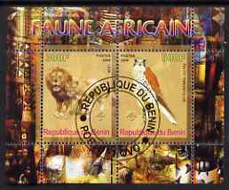 Benin 2008 African Fauna #2 perf sheetlet containing 2 values each with Scout Logo, fine cto used, stamps on animals, stamps on cats, stamps on lions, stamps on birds, stamps on falcons, stamps on  birds of prey, stamps on scouts