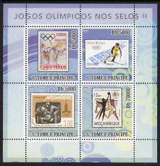 St Thomas & Prince Islands 2008 Olympic Games on Stamps #2 perf sheetlet containing 4 values unmounted mint , stamps on olympics, stamps on stamp on stamp, stamps on horses, stamps on martial arts, stamps on skiing, stamps on volleyball, stamps on , stamps on stamponstamp