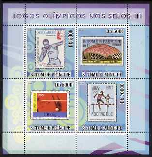 St Thomas & Prince Islands 2008 Olympic Games on Stamps #3 perf sheetlet containing 4 values unmounted mint , stamps on olympics, stamps on stamp on stamp, stamps on shot, stamps on hurdles, stamps on volleyball, stamps on stamponstamp