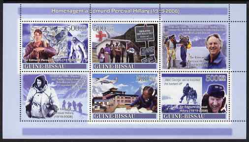 Guinea - Bissau 2008 Tribute to Edmund Hillary (mountaineer) perf sheetlet containing 4 values & 2 labels unmounted mint , stamps on personalities, stamps on red cross, stamps on mountains, stamps on aviation, stamps on 