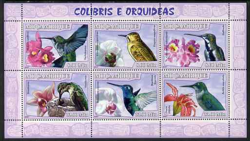 Mozambique 2007 Hummingbirds & Orchids perf sheetlet containing 6 values unmounted mint Yv 2378-83, stamps on birds, stamps on hummingbirds, stamps on orchids, stamps on flowers, stamps on hummingbirds