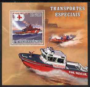 St Thomas & Prince Islands 2007 Special Transport - Fire Boat Rescue perf deluxe s/sheet containing 1 value unmounted mint , stamps on red cross, stamps on transport, stamps on fire, stamps on ships, stamps on rescue
