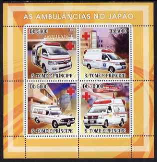 St Thomas & Prince Islands 2008 Ambulances of Japan - Red Cross perf sheetlet containing 4 values unmounted mint, stamps on medical, stamps on ambulances, stamps on red cross, stamps on trucks, stamps on 
