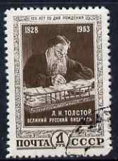 Russia 1953 125th Birth Anniversary of Tolstoi (writer) 1r blackish-brown fine cds used SG1808, stamps on personalities, stamps on literature