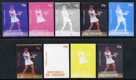 St Vincent - Grenadines 1988 International Tennis Players 75c Wendy Turnbull - the set of 9 imperf progressive proofs comprising the 5 individual colours plus 2, 3, 4 & all 5-colour composites, unmounted mint, as SG 584, stamps on personalities, stamps on tennis, stamps on sport