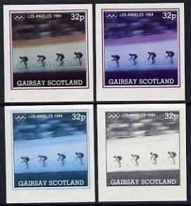 Gairsay 1984 Los Angeles Olympic Games - Cycling 32p the set of 4 imperf progressive proofs comprising 1, 2, 3 and all 4-colour composites, unmounted mint, stamps on olympics, stamps on bicycles