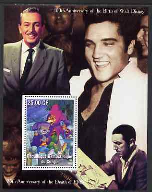 Congo 2002 Birth Centenary of Walt Disney & 25th Anniversary of Death of Elvis #1 perf m/sheet unmounted mint, stamps on personalities, stamps on elvis, stamps on music, stamps on pops, stamps on cinema, stamps on fairy tales, stamps on disney, stamps on movies, stamps on films
