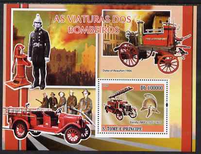 St Thomas & Prince Islands 2008 Fire Engines perf souvenir sheet unmounted mint, stamps on fire, stamps on fire engines, stamps on transport, stamps on uniforms