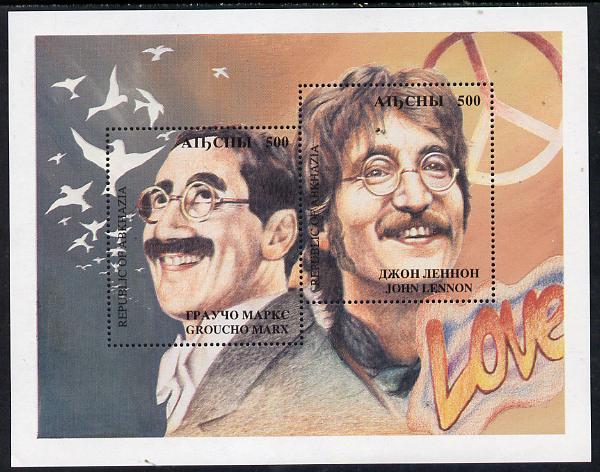 Abkhazia 1994 Groucho Marx & John Lennon Commemoration m/sheet unmounted mint, stamps on , stamps on  stamps on music, stamps on  stamps on personalities, stamps on  stamps on pops, stamps on  stamps on rock, stamps on  stamps on beatles, stamps on  stamps on comedy, stamps on  stamps on films, stamps on  stamps on cinema, stamps on  stamps on movies