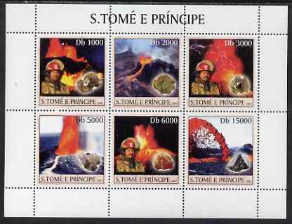 St Thomas & Prince Islands 2003 Volcanoes (with Molten Lava Fire-fighter & minerals) perf sheetlet containing 6 values unmounted mint Mi 1981-86, stamps on fire, stamps on volcanoes, stamps on minerals, stamps on vulcanology