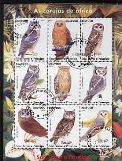 St Thomas & Prince Islands 2004 Owls perf sheetlet containing set of 9 values fine cto used, stamps on birds, stamps on owls, stamps on birds of prey