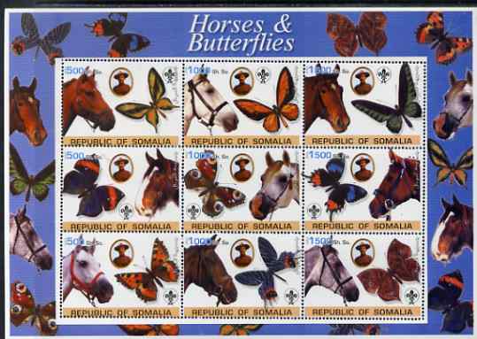 Somalia 2003 Horses & Butterflies (also showing Baden Powell and Scout & Guide Logos) perf sheetlet containing 9 values unmounted mint, stamps on , stamps on  stamps on horses, stamps on  stamps on butterflies, stamps on  stamps on scouts