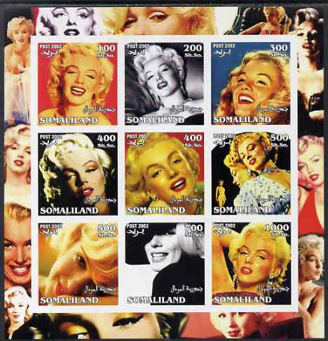 Somaliland 2002 Marilyn Monroe #1 imperf sheetlet containing 9 values unmounted mint. Note this item is privately produced and is offered purely on its thematic appeal, stamps on films, stamps on cinema, stamps on entertainments, stamps on women, stamps on personalities, stamps on marilyn, stamps on monroe, stamps on 
