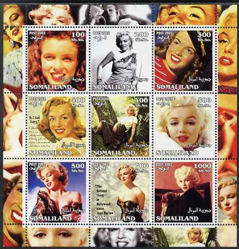 Somaliland 2002 Marilyn Monroe #2 perf sheetlet containing 9 values unmounted mint. Note this item is privately produced and is offered purely on its thematic appeal, stamps on films, stamps on cinema, stamps on entertainments, stamps on women, stamps on personalities, stamps on marilyn, stamps on monroe, stamps on 