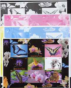 Chad 2008 Butterflies & Orchids sheetlet containing set of 9 values - the set of 5 imperf progressive proofs comprising the 4 individual colours plus all 4-colour composite, unmounted mint, stamps on butterflies, stamps on orchids, stamps on flowers