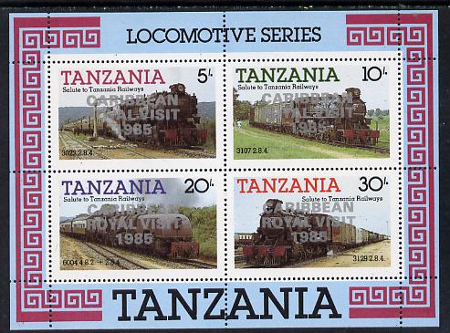 Tanzania 1985 Locomotives perf miniature sheet with 'Caribbean Royal Visit 1985' opt in silver (unissued) unmounted mint, stamps on railways, stamps on royalty, stamps on royal visit