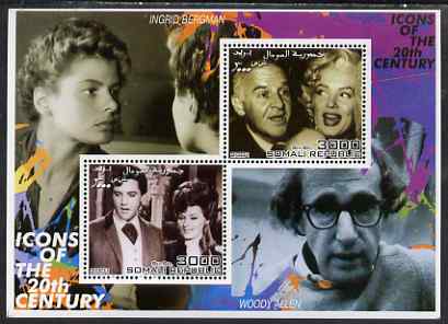 Somalia 2001 Icons of the 20th Century #05 - Elvis & Marilyn perf sheetlet containing 2 values with Ingrid Bergman & Woody Allen in background unmounted mint, stamps on personalities, stamps on millennium, stamps on movies, stamps on films, stamps on music, stamps on marilyn, stamps on elvis, stamps on , stamps on marilyn monroe