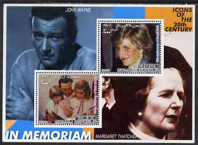 Somalia 2001 Icons of the 20th Century #13 - Diana & Walt Disney perf sheetlet containing 2 values with John Wayne & Margaret Thatcher in background unmounted mint, stamps on personalities, stamps on millennium, stamps on movies, stamps on films, stamps on music, stamps on marilyn, stamps on elvis, stamps on constitutions, stamps on marilyn monroe