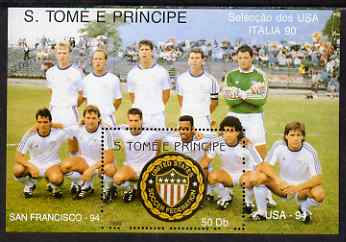 St Thomas & Prince Islands 1990 Football World Cup 50Db perf m/sheet (USA Team & Emblem) unmounted mint. Note this item is privately produced and is offered purely on its thematic appeal, stamps on , stamps on  stamps on football, stamps on  stamps on sport