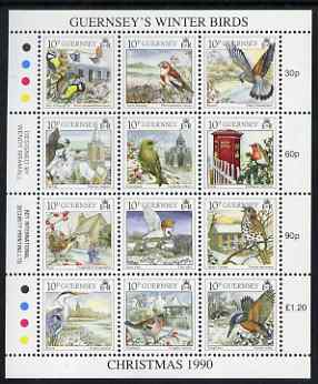 Guernsey 1990 Christmas - Winter Birds perf sheetlet containing set of 12 values unmounted mint, SG 505-16, stamps on christmas, stamps on birds, stamps on kestrels, stamps on owls, stamps on birds of prey, stamps on robins, stamps on kingfishers, stamps on herons, stamps on pillar boxes
