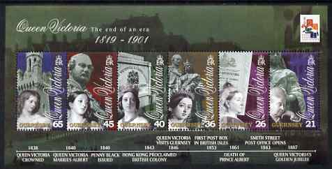 Guernsey 2001 Death Centenary of Queen Victoria perf sheetlet containing set of 6 values unmounted mint, SG MS890, stamps on royalty, stamps on royal visits, stamps on statues