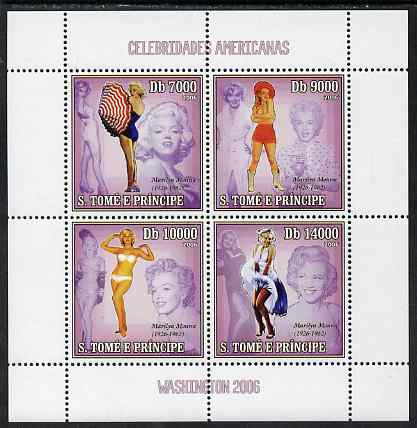 St Thomas & Prince Islands 2006 Washington 2006 Stamp Exhibition - Marilyn Monroe perf sheetlet containing 4 values unmounted mint, Mi 2719-22, stamps on , stamps on  stamps on stamp exhibitions, stamps on  stamps on personalities, stamps on  stamps on films, stamps on  stamps on cinema, stamps on  stamps on movies, stamps on  stamps on music, stamps on  stamps on marilyn, stamps on  stamps on monroe, stamps on  stamps on umbrellas