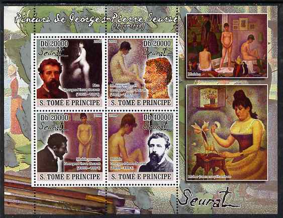 St Thomas & Prince Islands 2008 Paintings by Georges Seurat perf sheetlet containing 4 values unmounted mint, stamps on , stamps on  stamps on arts, stamps on  stamps on personalities, stamps on  stamps on seurat, stamps on  stamps on nudes, stamps on  stamps on 